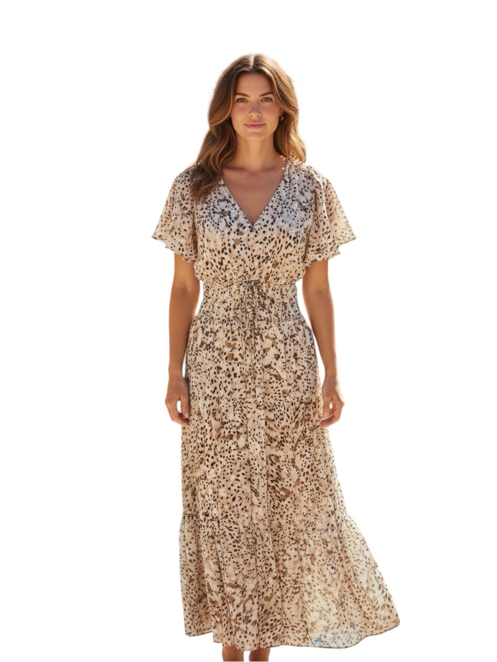 Universal Thread Beige Leopard Cheetah Print Midi Maxi Dress with Smocked Waist